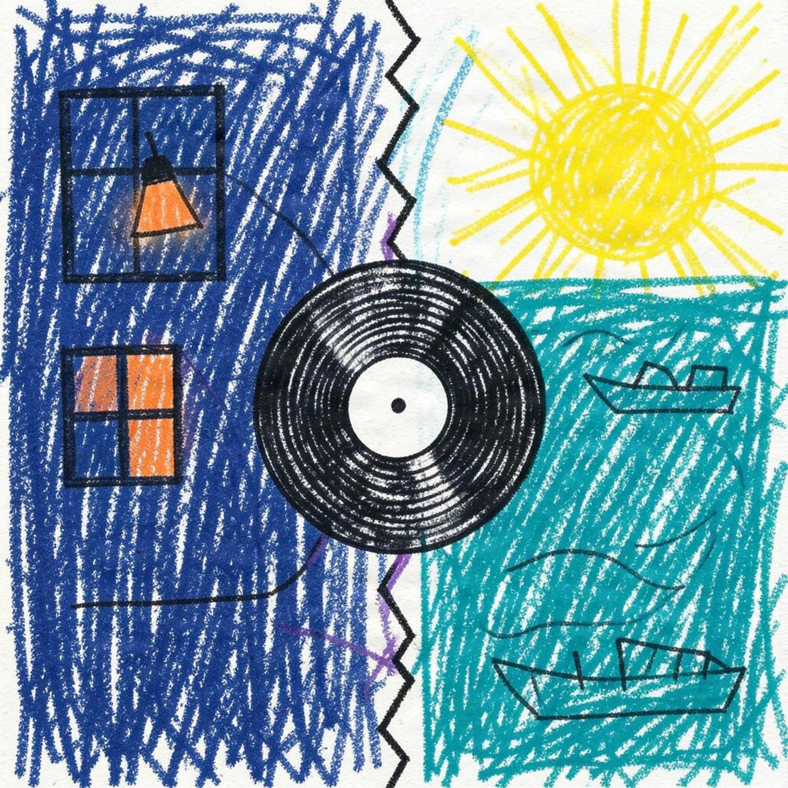 Pochette de l'album Lumière Morte de RADAXX : un mur bleu nuit percé de fenêtres éclairées à gauche, un vinyle au centre, et un ciel ensoleillé avec des bateaux à droite